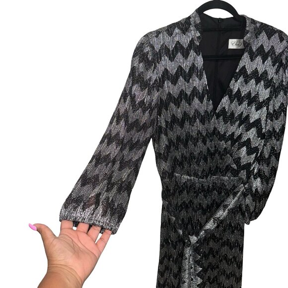 Eliza J.  Black/Silver Metallic Chevron Faux Wrap Dress Sz 14 - Picture 5 of 14